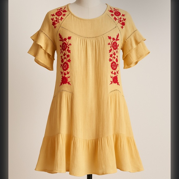 Altar'd State Dresses & Skirts - Altar’d State Boho Embroidered Ruffle Sleeve Mini Dress Yellow Red Floral XS